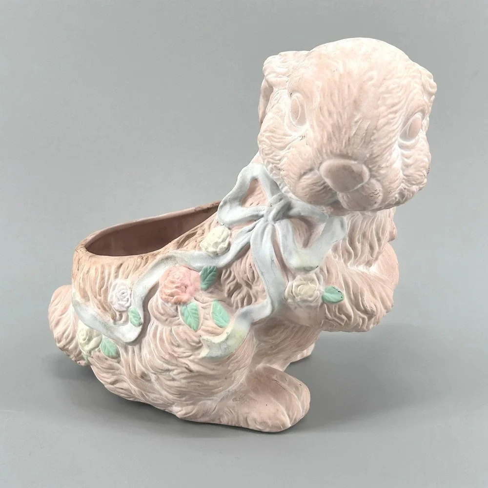 Vintage Ceramic Pink Bunny Rabbit Planter Floral Ribbon Bow Easter Decor 8 Inch